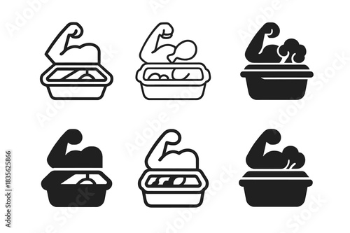 Fitness Meal Prep Logos. Cooking for fitness goals and muscle building. Icon set. Set Logo of meal prep containers. harmonious logo variations of the same