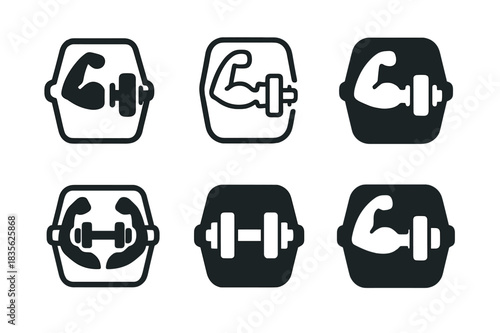 Fitness Meal Prep Logos. Cooking for fitness goals and muscle building. Icon set. Set Logo of meal prep containers. harmonious logo variations of the same