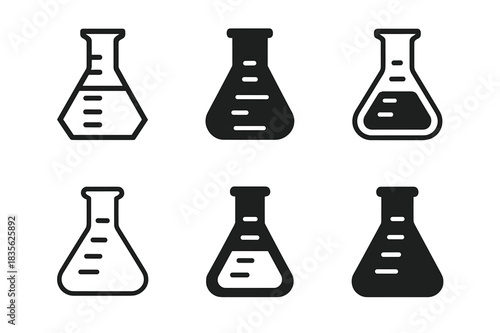 Flask Icon Variations. Flasks. Icon set. Set Logo of flasks: test flask with measurement marks. harmonious logo variations of the same emblematic concept, each