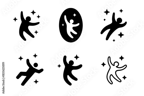 Floating Icons Collection. Weightlessness. Icon set. Set Logo of weightlessness: Human silhouette floating among stars. harmonious logo variations of the same
