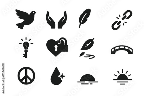 Forgiveness Icons Set. Forgiveness and letting go. Solid icon set of Forgiveness and letting go: releasing dove, open hands, floating feather, broken chain,