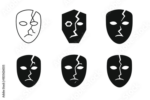Frustration Icon Variations. Frustration. Icon set. Set Logo of frustration: cracked mask. harmonious logo variations of the same emblematic concept, each with