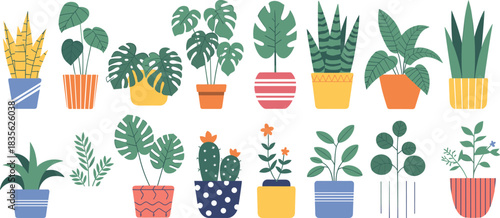 Stylized potted plant illustration set featuring diverse leaf shapes and pot designs for home decor, gardening, and design themes.
