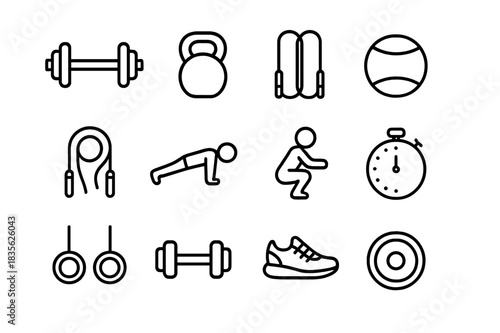 Functional Training Icons. Functional training. Line icon set of functional training: barbell, kettlebell, rope, medicine ball, jump rope, push-up position,