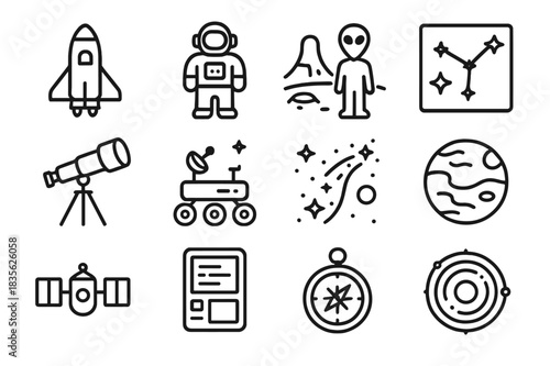 Galactic Exploration Icons. Galactic exploration. Line icon set of galactic exploration: spaceship, astronaut, alien world, star chart, telescope, rover,
