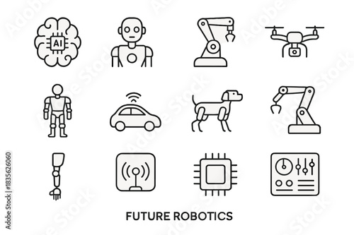 Future Robotics Icons. Future Robotics. Line icon set of Future Robotics: AI brain, humanoid robot, robot arm, drone, exoskeleton, autonomous car, robot dog,