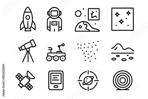 Galactic Exploration Icons. Galactic exploration. Line icon set of galactic exploration: spaceship, astronaut, alien world, star chart, telescope, rover,