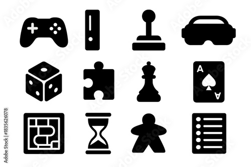 Gaming Icons Set. Video Gaming. Solid icon set of game controller, console, joystick, VR headset, dice, puzzle piece, chess piece, playing card, board game,