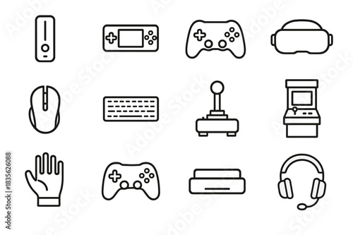 Gaming Device Icons. Gaming Devices. Line icon set of Gaming Devices: game console, handheld console, controller, VR headset, gaming mouse, keyboard, joystick,