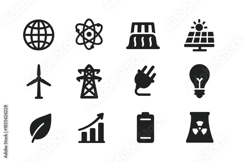 Global Energy Icons. Global energy future. Solid icon set of global energy future: globe, atom, turbine, solar panel, windmill, power lines, plug, light bulb,