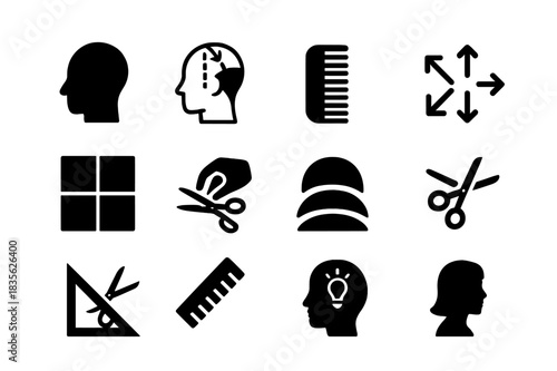 Hairstyle Planning Icons. Hairstyle planning. Solid icon set of Hairstyle planning: sketch head, haircut diagram, comb lines, arrows, section icons, stylist