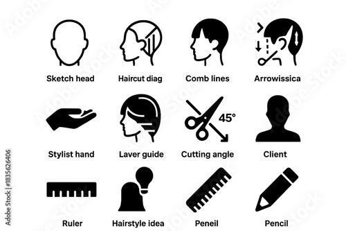 Hairstyle Planning Icons. Hairstyle planning. Solid icon set of Hairstyle planning: sketch head, haircut diagram, comb lines, arrows, section icons, stylist