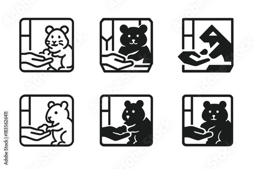 Hamster Care Icon Set. Feeding a hamster in its cage. Icon set. Set Logo of hamster care: nurturing and pet wellness symbol. harmonious logo variations of the