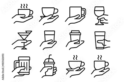 Hand Drinks Icons. Hand Drinks. Line icon set of Hand Drinks: hand holding coffee cup, hand holding tea cup, hand holding mug, hand holding wine glass, hand