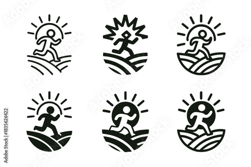 Happy Runner Logos. Happy Person Running Through a Field. Icon set. Set Logo of Happy Person Running Through a Field: sunlight over running figure. harmonious