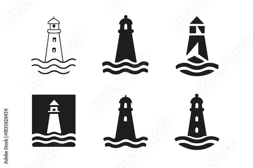 Harbor View Logos. Harbor view. Icon set. Set Logo of Harbor view: Lighthouse by the sea. harmonious logo variations of the same emblematic concept (Minimal