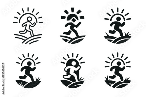 Happy Runner Logos. Happy Person Running Through a Field. Icon set. Set Logo of Happy Person Running Through a Field: sunlight over running figure. harmonious