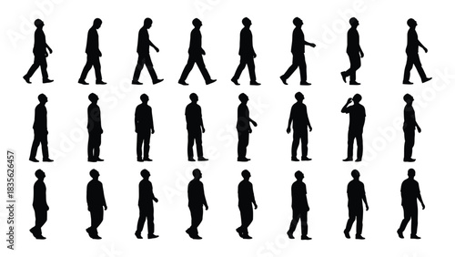 Diverse human silhouettes walking and standing isolated on white background, Vector