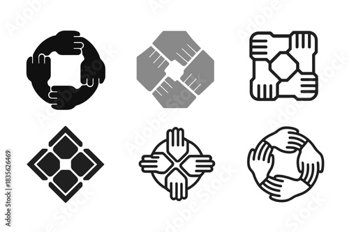 Harmonious Community Icons. Participating in a community gathering. Icon set. Set Logo of community: hands joined together. harmonious logo variations of the