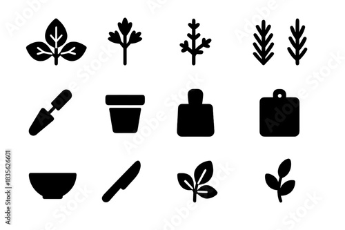 Herbs and Spices Icons. Herbs and spices. Solid icon set of Herbs and spices: basil, parsley, thyme, rosemary, oregano, trowel, plant pot, cutting board, bowl,