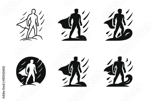 Heroic Logo Variations. Hero Facing Danger Bravely. Icon set. Set Logo of Hero Facing Danger Bravely: heroic silhouette with cape in storm. harmonious logo