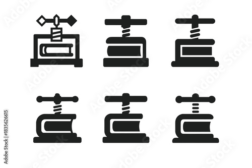 Historic Bookbinding Icons. Historic bookbinding process. Icon set. Set Logo of historic bookbinding process: wooden book press. harmonious logo variations of