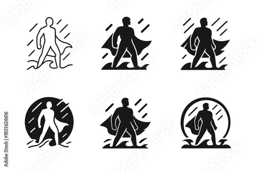 Heroic Logo Variations. Hero Facing Danger Bravely. Icon set. Set Logo of Hero Facing Danger Bravely: heroic silhouette with cape in storm. harmonious logo