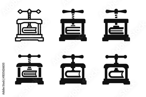 Historic Bookbinding Icons. Historic bookbinding process. Icon set. Set Logo of historic bookbinding process: wooden book press. harmonious logo variations of