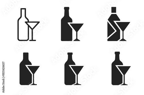 Home Bar Icons. Home bar and entertainment area design. Icon set. Set Logo of home bar and entertainment area design: Cocktail glass and bottle. harmonious