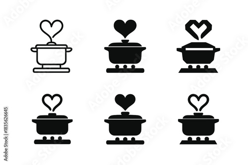 Home Cooking Logos. Home cooking. Icon set. Set Logo of home cooking: steaming pot on stove with heart-shaped steam. harmonious logo variations of the same