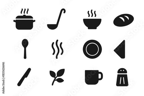 Home Cooking Icons. Home Cooking. Solid icon set of Home Cooking: soup pot, ladle, bowl, bread, spoon, steam, plate, napkin, butter knife, herbs, cup, salt