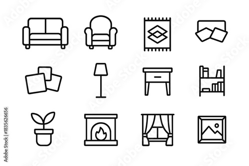 Home Essentials Icons. Home Essentials. Line icon set of Home Essentials: sofa, armchair, coffee table, rug, cushions, floor lamp, side table, bookshelf,
