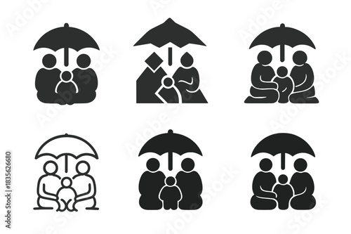 Homeless Family Icons. Homeless family. Icon set. Set Logo of homeless family: family under umbrella. harmonious logo variations of the same emblematic