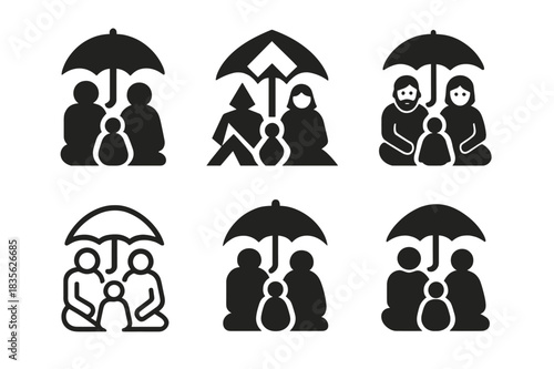 Homeless Family Icons. Homeless family. Icon set. Set Logo of homeless family: family under umbrella. harmonious logo variations of the same emblematic