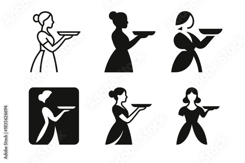 Hostess Icon Variations. Hostess. Icon set. Set Logo of Hostess: welcoming woman with tray. harmonious logo variations of the same emblematic concept, each