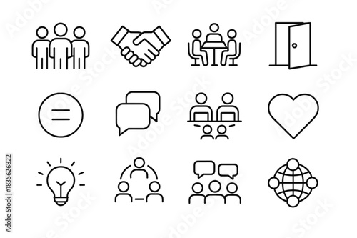 Inclusion Icon Set. Inclusion at work. Line icon set of inclusion at work: diverse team, handshake, office meeting, open door, equal opportunity, speech