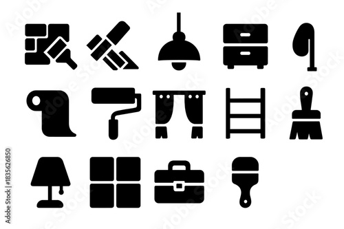 Interior Remodeling Icons. Interior remodeling. Solid icon set of interior remodeling: wall paint, flooring, lighting fixture, furniture, wallpaper, paint
