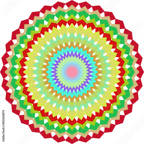 Vibrant Colorful Geometric Mandala Design with Zigzag Pattern and Concentric Circles for Creative Projects