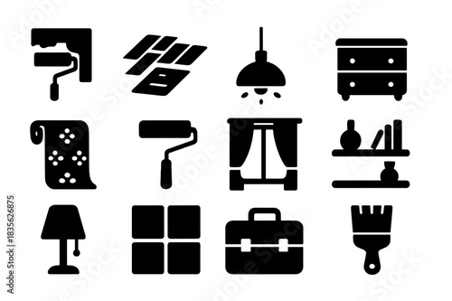 Interior Remodeling Icons. Interior remodeling. Solid icon set of interior remodeling: wall paint, flooring, lighting fixture, furniture, wallpaper, paint