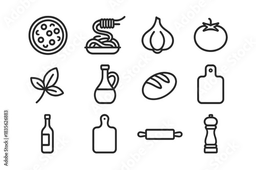 Italian Kitchen Icons. Italian kitchen. Line icon set of Italian kitchen: pizza, spaghetti, garlic, tomato, basil, olive oil, bread, cheese grater, bottle of