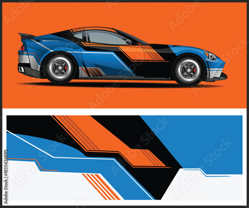 Stylized blue and orange sports car illustration with graphic wrap design
