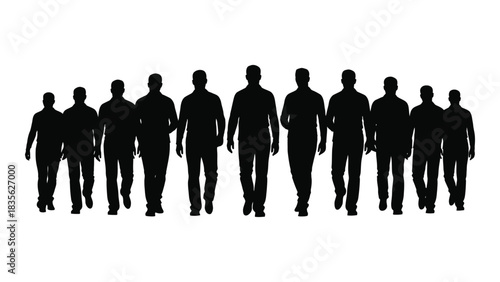 Group of walking men silhouettes isolated on white background, Vector