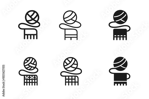 Knitting Icon Set. Knitting a scarf. Icon set. Set Logo of knitting a scarf: yarn unraveling toward half-finished scarf. harmonious logo variations of the same