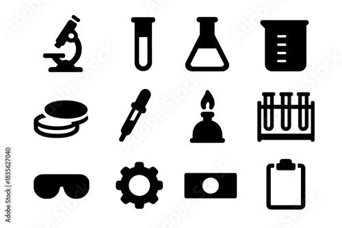 Laboratory Equipment Icons. Laboratory Equipment. Solid icon set of Laboratory Equipment: microscope, test tube, flask, beaker, petri dish, dropper, burner,