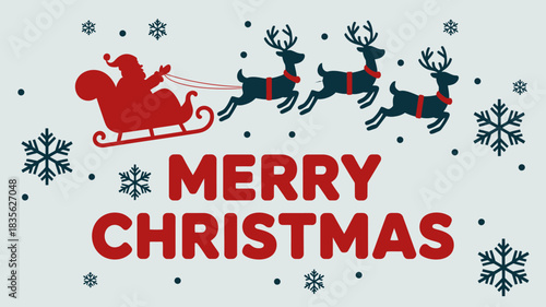 A festive illustration features Santa Claus in his sleigh pulled by reindeer, with snowflakes and the words Merry Christmas prominently displayed.