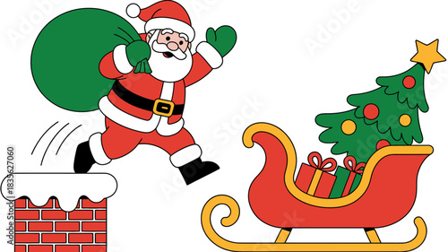 Santa claus jumping from a chimney with a sack of gifts and a sleigh