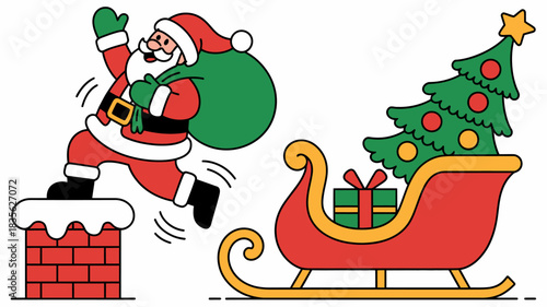 Santa claus jumping from chimney with sack next to his sleigh and christmas tree