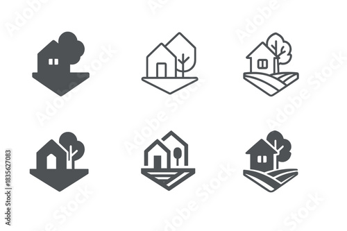 Landowner Logo Variations. Landowner. Icon set. Set Logo of landowner: house and tree on parcel. harmonious logo variations of the same emblematic concept,