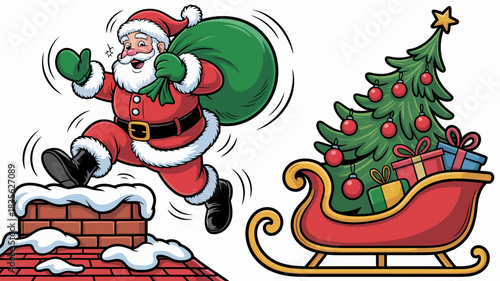 Santa claus climbing out of a chimney with his sleigh full of gifts