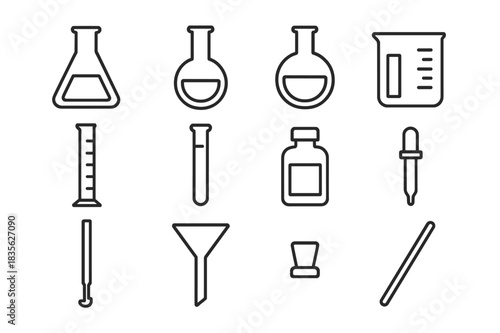 Laboratory Equipment Icons. Lab equipment set. Line icon set of lab equipment set: Erlenmeyer flask, volumetric flask, round-bottom flask, beaker, graduated